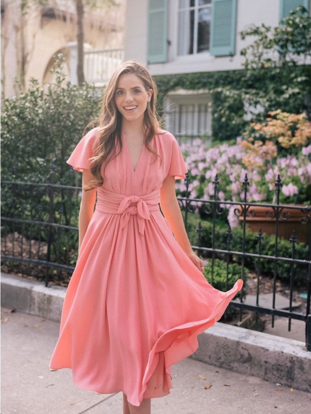 Gal Meets Glam Jane Country Club Tie Waist Midi Dress in Peach Pink